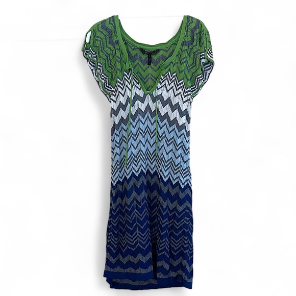 BCBG Knit Mini Dress Open Knit Green Silk Zigzag Grunge Tie Front Fairy Y2K 90’s - Picture 1 of 7